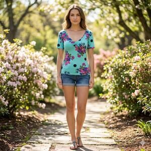 L'Amour Blue Top Floral Short Sleeve